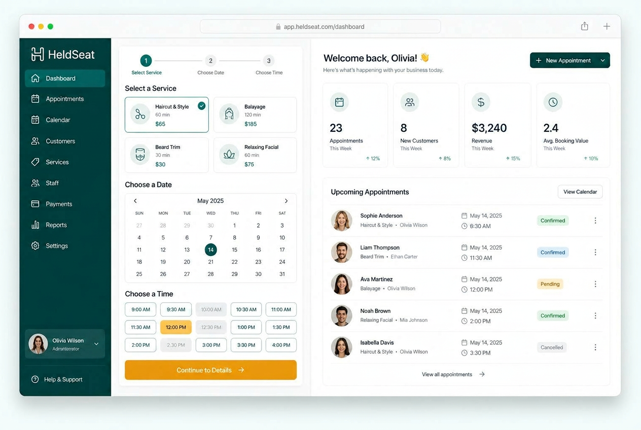 HeldSeat booking flow and dashboard shown in a browser window